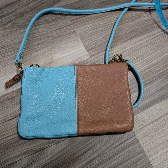 Fossil, Leather Convertible Crossbody Bag, Teal And Brown Color Block, Clutch - Picture 4 of 8